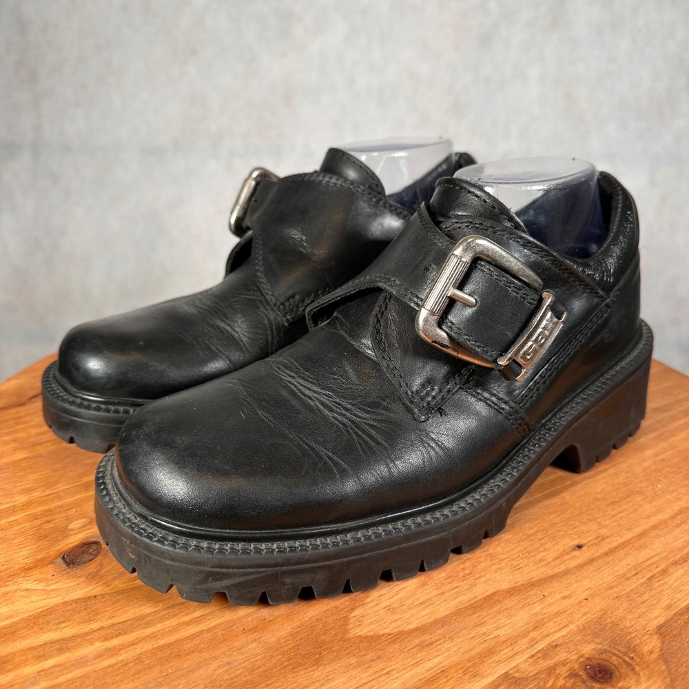 GBX Monk Strap Shoes Mens 7 Black Good Leather Lug Sole Platform Buckle 104515